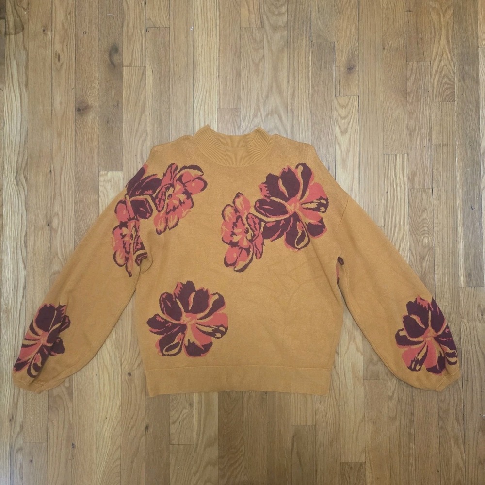 Marina V Paris Womens Mock Neck Colorful Floral Burnt Orange Sweater‎ Medium